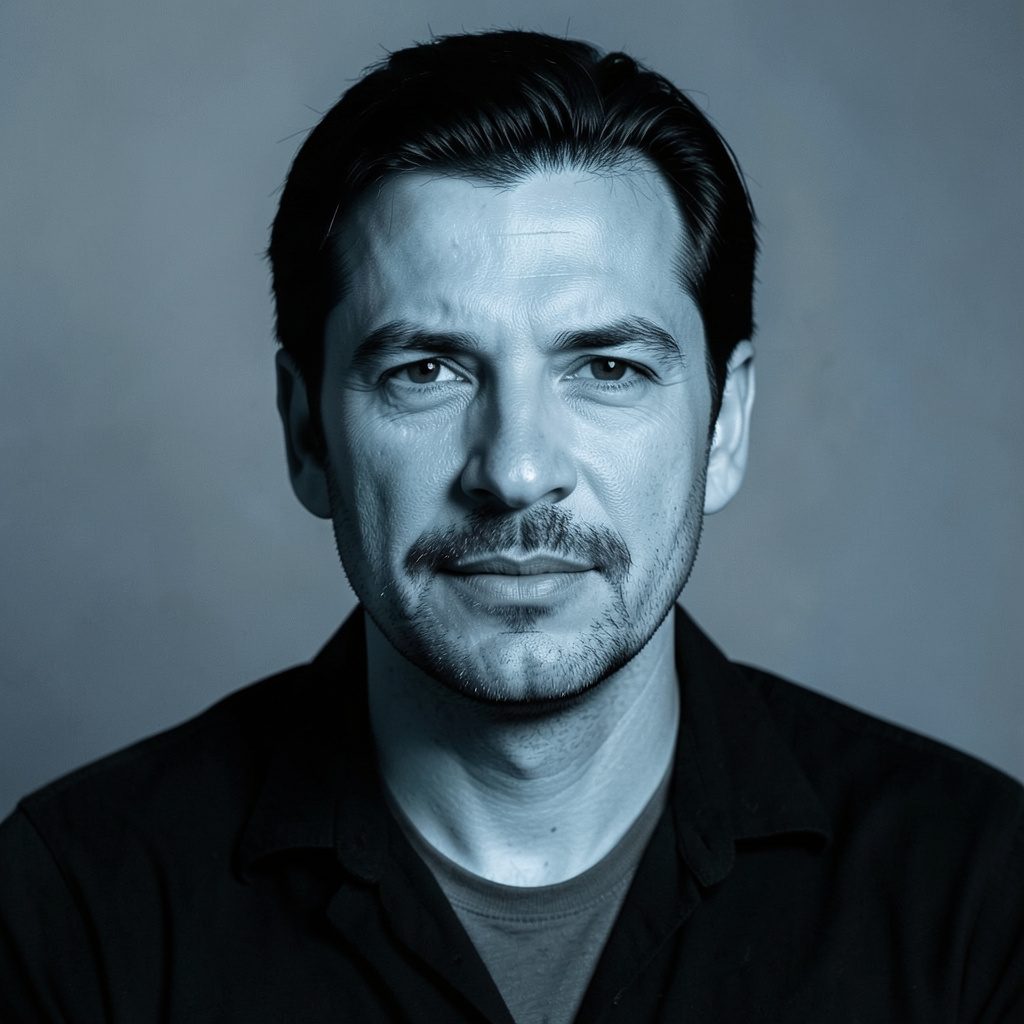 Derin lacivert ve açık gri tonlarda, profesyonel ama yakın bir duotone fotoğraf.